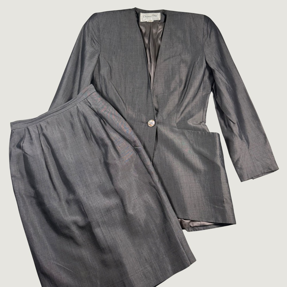 Vintage Christian Dior The Suit Gray Skirt Suit Set Size 4 Made in USA